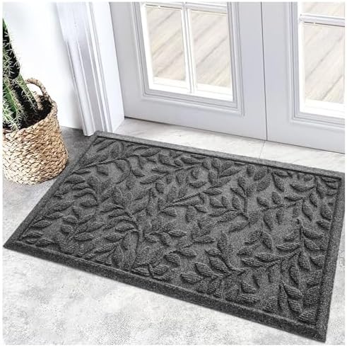 Bulijojo Sturdy Front Entrance Doormats,Durable Heavy Duty Welcome Mat,Thick Absorbent Natural Rubber Non Slip Mat,Easy Clean Entryway Mat 17x30 Inch Leaves Grey by ShowYourStyle