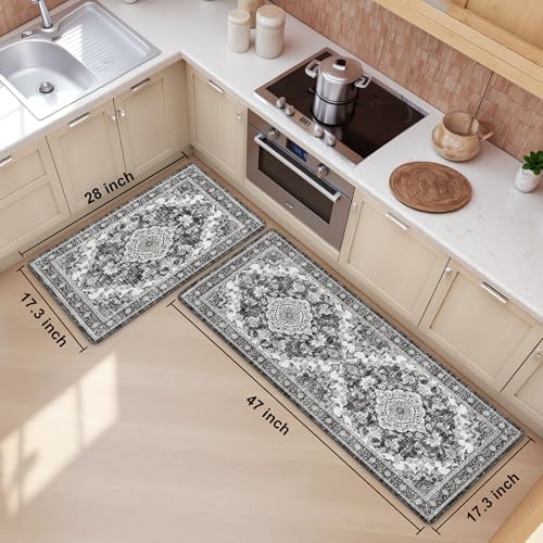 Boho Kitchen Mats for Floor 2PC Anti Fatigue Kitchen Rugs, Dark Grey - Image 2