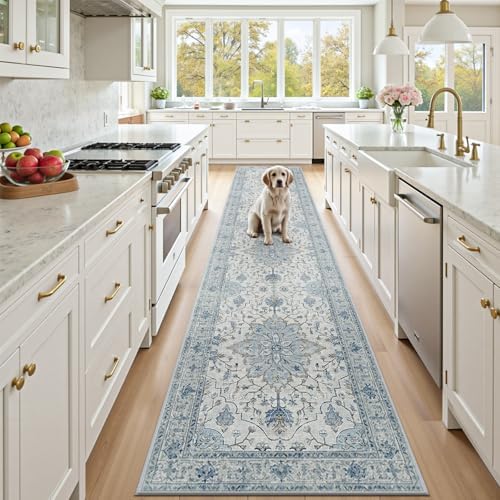 RELEANY Washable Area Rug, Runner 2'6"x14', Blue/White/Gray by RELEANY