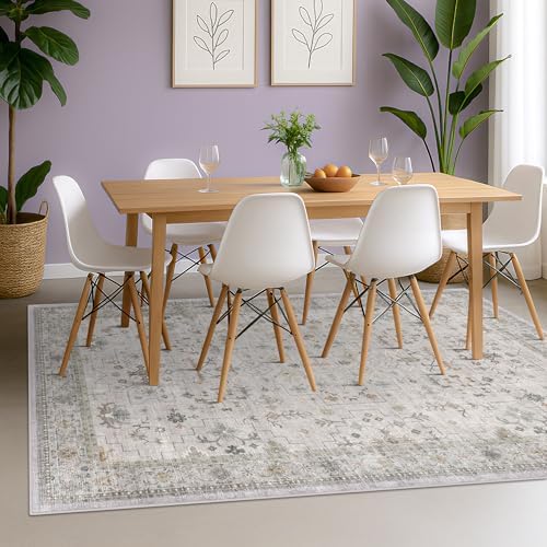 Hazo Haus Washable 5x8 Living Room Rug - Light Gray & Sage Area Rug for Nursery, Dining Under Table, Bedroom, Modern Vintage Eclectic Geometric Floral Neutral, Low Pile Stain Resistant - Image 6