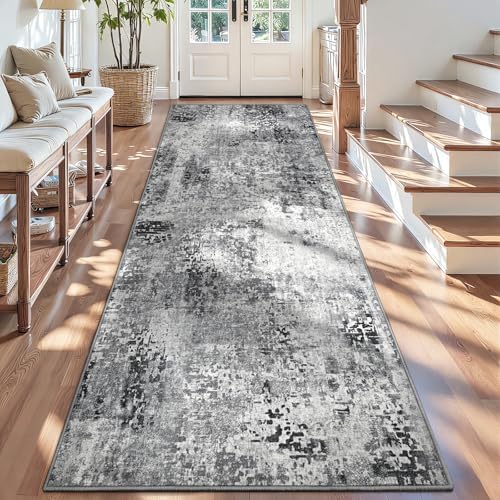3x12 Grey Rug Runners for Hallways Kitchen Runner Rug Non Slip Washable Black Long Runner Rugs with Rubber Backing Soft Abstract Carpet Runner for Bedroom, Kitchen, Bathroom, Entryway by OmpaaHomeDecor