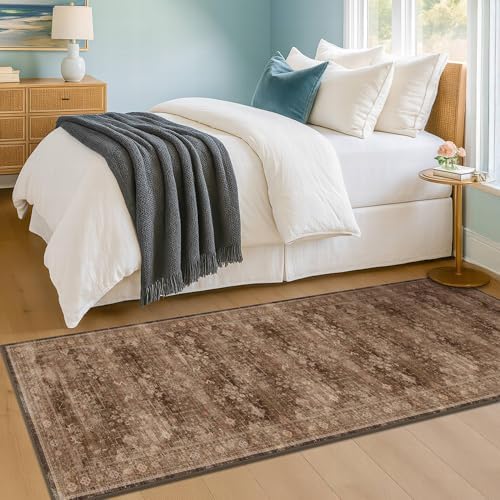 Boho Washable 2x8 Long Rugs for Hallway, Non Skid Front Door Runner Indoor Entrance, Floral Vintage Carpet for Kitchen, Non Slip Low Pile Stain Resistant Soft Mat (Gold Brown) - Image 3