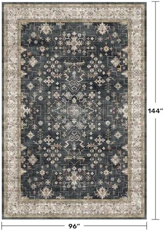 Black Boho Rug for Living Room 8x12 - Washable Dining Room Rugs for Under Table, Vintage Soft Low Pile Carpet for Bedroom, Non-Slip Farmhouse Bohemian Large Thin Carpet for High Traffic Area - Image 2