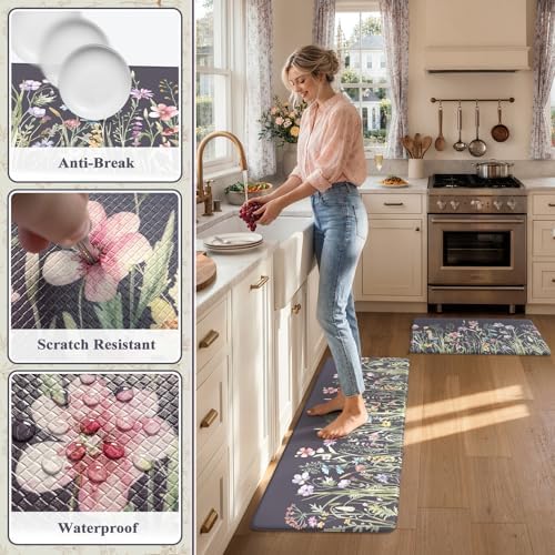KIMODE Anti Fatigue Kitchen Mat, Farmhouse Floral Kitchen Rugs Grey Purple - Image 6