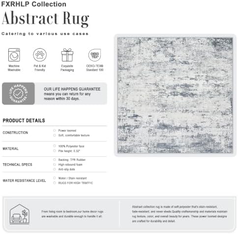 Area Rug Living Room: 6x6 Modern Washable Soft Carpet Blue Grey - Image 2