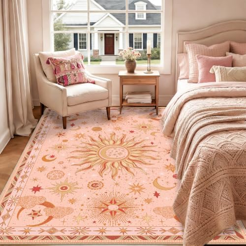 Vacuum-Friendly, 5x7 Washable Area Rug, Pink Gold Beige Red - Image 3