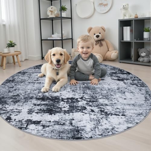 Round Area Rug Living Room: 4 ft Modern Washable Carpet Black - Image 3