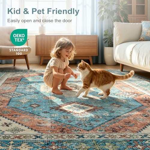 Lofus Living Room Rugs 5x7, Boho Terracotta and Blue Washable Carpet - Image 5