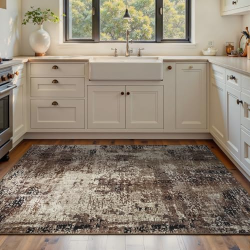 Area Rug 4x6 Brown Rug Washable Boho Rugs Non Slip Low Pile Abstract Coffee Small Carpet for Entryway, Bedroom, Kitchen, Classroom, Kids Room, Office, Dorm, Dining Room by OmpaaHomeDecor