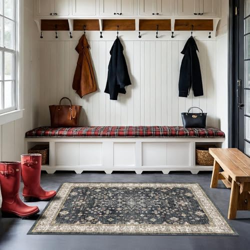 2x4 Entryway Runner Rugs, Small Runners for Kitchen, Door Mat Indoor Entrance, Bathroom, Non-Slip Low-Pile Washable Stain Resistant, Vintage Ashen Charcoal Floral Decor (Ashen/Multi) - Image 3