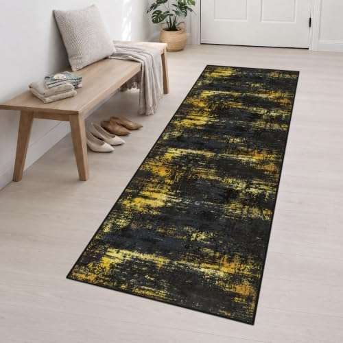 2.6x10 Washable Runner Rug:Modern Abstract Soft Carpet Black Gold - Image 3