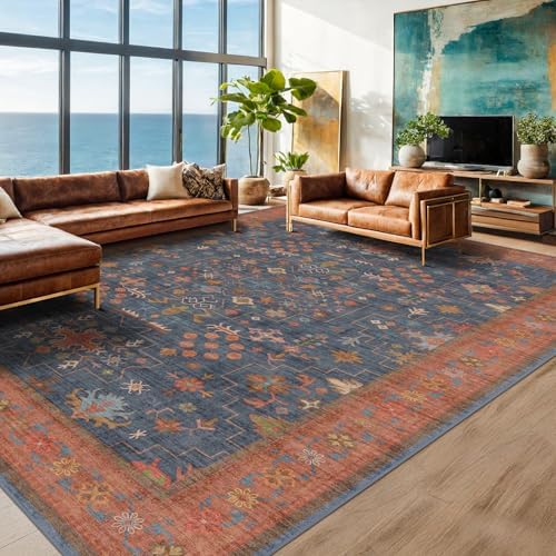 Navy Blue Area Rugs 9x12 Living Room, Dining Room Rugs for Under Table - Washable Low Pile Non-Slip Rugs for Bedroom - Vintage Boho Eclectic Home Decor - Ultra Soft Faux Wool Stain Resistance by HazoHaus