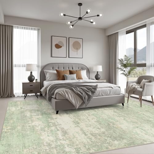 Area Rug Living Room: 4x6 Modern Washable Soft Carpet Green Cream - Image 3