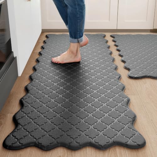 Arenarug Upgrade Scalloped Kitchen Mats for Floor 2PCS, Black Kitchen Rugs by ArenaRug