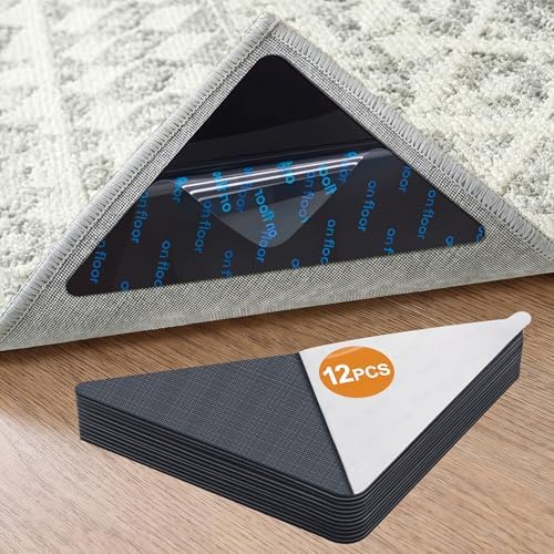 12 Pcs Rug Tape,Anti Slip Rug Pads Grippers for Hardwood Floors and Tiles,with Strong Adhesive Grid Backing -No Residue,Reusable Carpet Tape, Double-Sided Adhesive Rug Stickers by Tiergrade