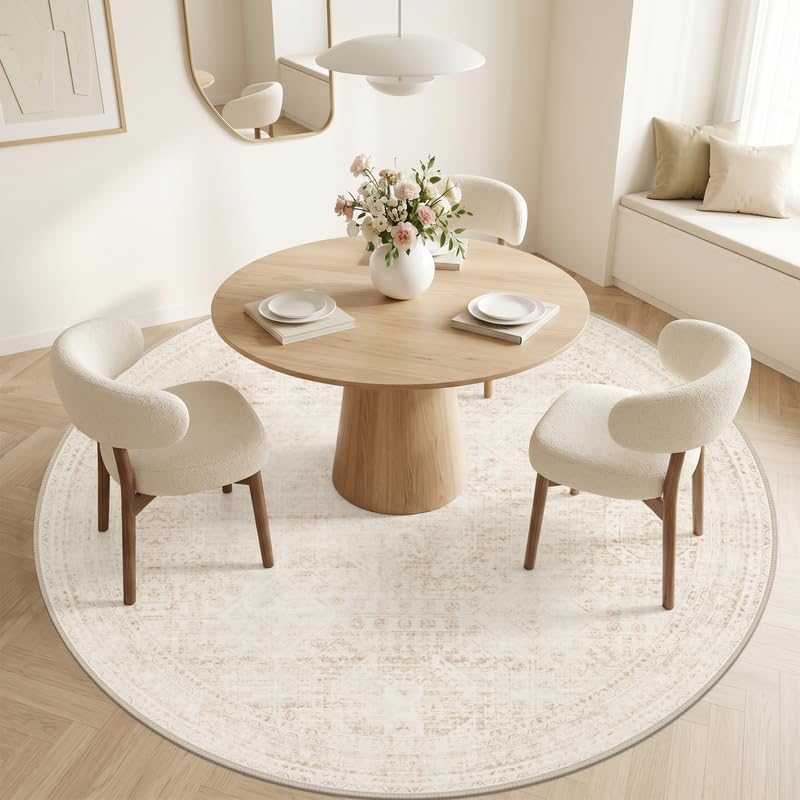 Round Area Rug Living Room: 6ft Neutral Washable Carpet Rug Beige - Image 2