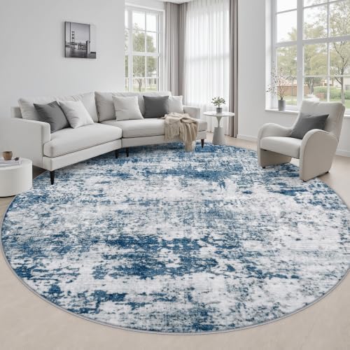 Round Area Rug Living Room: 8 ft Modern Washable Carpet Blue by FXRHLP