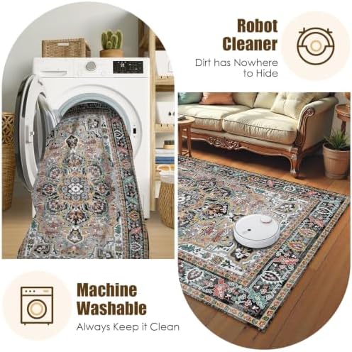 Washable Area Rug 9' x 12' Vintage Traditional Persian Mat - Foldable Distressed Non-Slip Machine Washable Carpet for Living Room Bedroom Kitchen Home Decor - Slate and Multicolor - Image 7