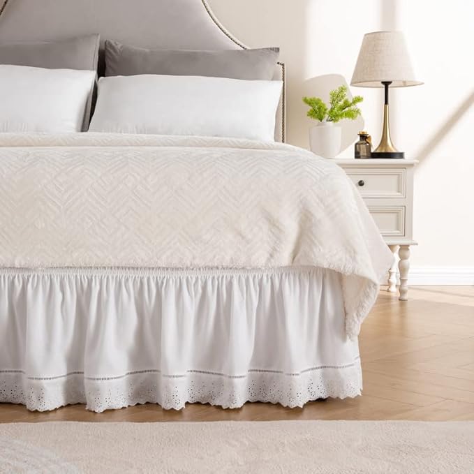 MIYE Wrap Around Ruffled Lace Bed Skirt, Elastic Dust Ruffle with Adjustable Belts, Easy to Put On, Bed Frame Cover, Machine Washable (Embroidered/White, King/Queen-22 Drop)
