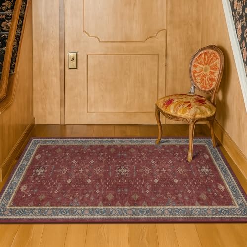 Burgundy 2x3 Washable Rugs for Entryway Indoor, Boho Kitchen Rug for Floor, Bathroom, Doormat Indoor Entrance, Waterproof Non Slip Low Pile Stain & Fade Resistant, Modern Eclectic Floral Decor - Image 6