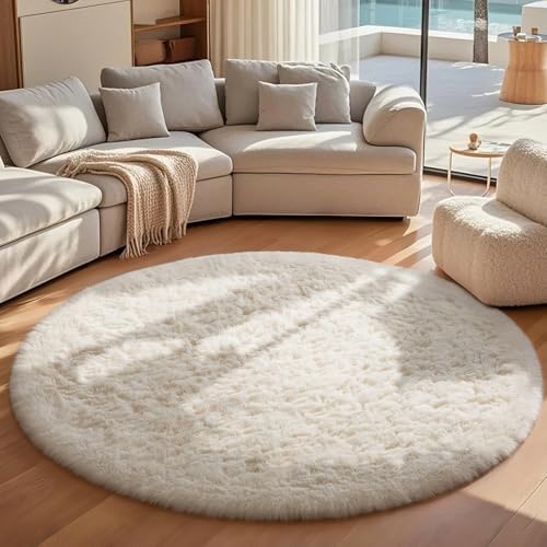 Ophanie Round Rugs 7Ft Ivory Circle Area Rug, Living Room Aesthetic Decor, Fluffy Fuzzy Bedroom Carpet, Plush Soft Shaggy Cream Rugs for Kids Home Decor, Nursery with Over 99 pcs Pile fibers - Image 5