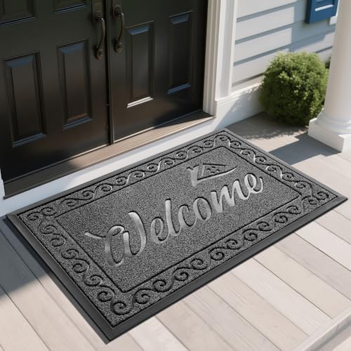 Yimobra Welcome Mat, Heavy Duty Sturdy Door Mats for Home Entrance Outdoor Indoor, Front Doormat for Outside Patio Floor Entry Porch Garage Office, Waterproof, Low Profile, 47X32 Inches, Black Grey by Yimobra