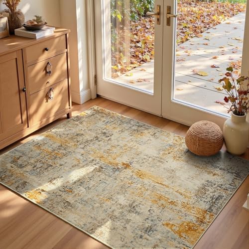 Entryway Rug 3x5 Beige Bedroom Area Rug Washable Non Slip Abstract Boho Rugs for Indoor Entry, Kitchen, Classroom, Bathroom, Kids Girls Room, Office, College Dorm Small Carpet by OmpaaHomeDecor