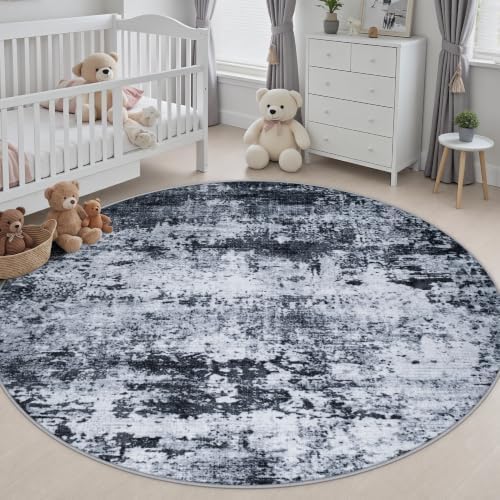 Round Area Rug Living Room: 6 ft Modern Washable Carpet Black - Image 5
