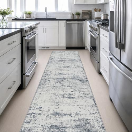 3x14 Washable Runner Rug：Modern Abstract Soft Carpet Blue Grey - Image 4