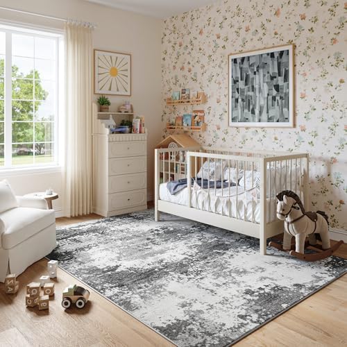 Washable Rug 6x9 Area Rugs for Living Room Bedroom Carpet, Grey Indoor Vintage Abstract Boho Large Rug Non Slip Faux Wool Rugs for Dorm, Dining Room Table, Nursery, Kids Playroom, Gray - Image 4