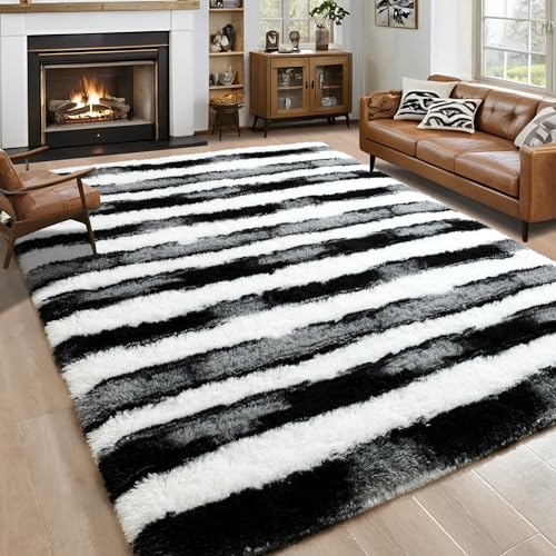 5x7 Black and White Fluffy Soft Area Rug Non-Slip for Living Room Bedroom by ModernHomeDecor