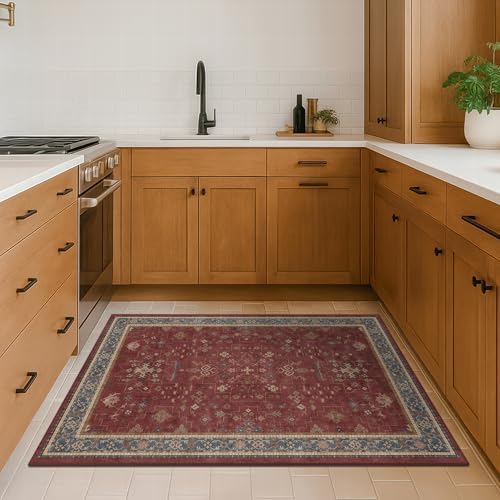 Washable 3x5 Entry Way Rugs Indoor - Burgundy Large Kitchen Rug, Non Slip Unique Bohemian Red Low Pile Thin Carpet for Bedroom Bedside, Foyer - Image 3