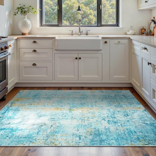 Area Rug 4x6 Teal Blue Rug Washable Boho Rugs Non Slip Low Pile Abstract Small Carpet for Entryway, Bedroom, Kitchen, Classroom, Kids Room, Office, Dorm, Dining Room by OmpaaHomeDecor