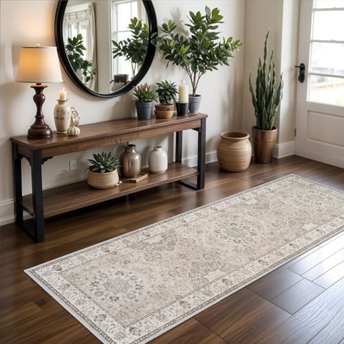 Washable 2x8 Hallway Runner Rug: Vintage Water Resistant Kitchen Entryway Rug Ultra Soft Living Room Bedroom Carpet with Non Slip Backing Indoor Low Pile Floor Mat for Bathroom Dining Room(2x8,Beige) by HYHAOYUNLAI