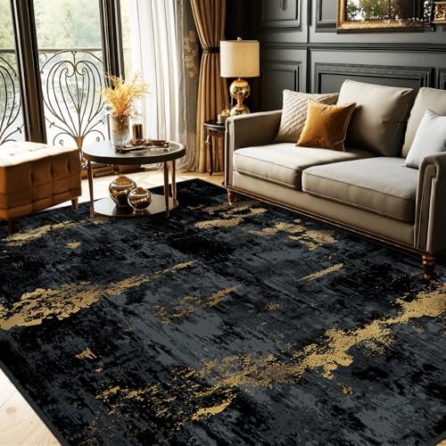 RELEANY Washable 5'x8' Abstract Area Rug for Living Room Black Gold by RELEANY