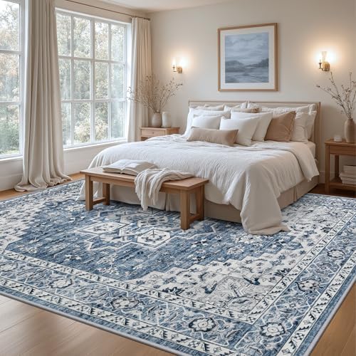 8x10 Area Rugs Living Room: Washable Vintage Rug for Bedroom Blue - Image 4