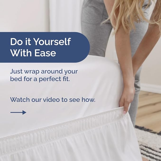 Wrap Around Dust Ruffle Bed Skirt - White - for Full Size Beds with 15 Inch Drop - Easy Fit Elastic Strap - Adjustable Pleated Bedskirt w/Brushed Fabric - Wrinkle Free - for Women, Men, Kids & Teens