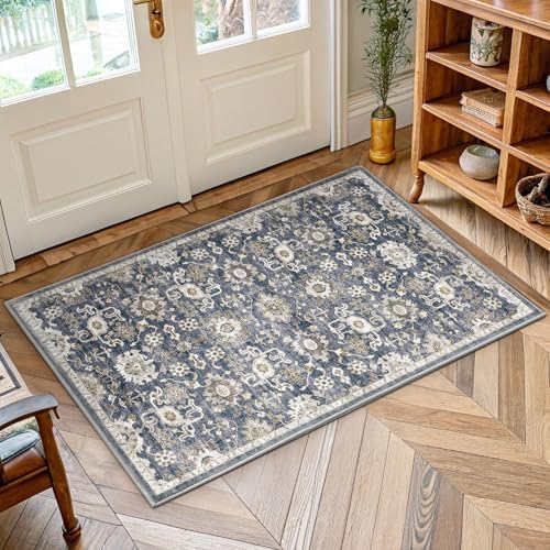 Amada Small 2x4 Washable Area Rug for Entryway, Blue/Brown, Vintage Pattern by AMADAHOMEFURNISHING