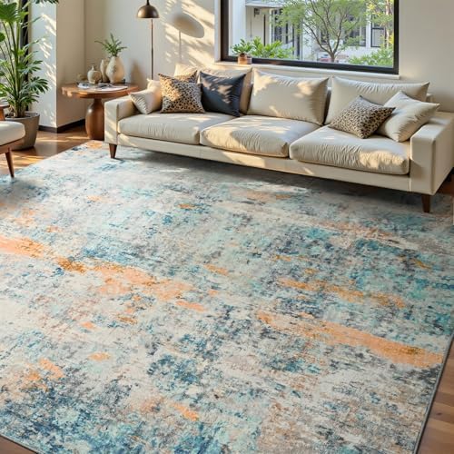 Ompaa Living Room Rug 6x9 Blue Area Rug Machine Washable Boho Rug Non Slip Abstract Vintage Indoor Large Rugs for Bedroom, Classroom, College Dorm, Farmhouse, Dining Room, Kids Playroom - Image 3