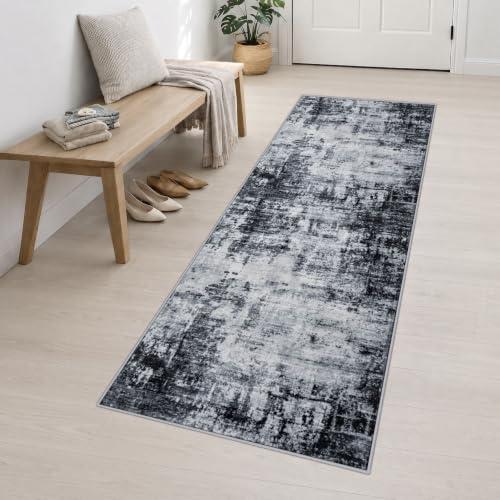 2.6x10 Washable Runner Rug:Modern Abstract Soft Carpet Dark Black - Image 3