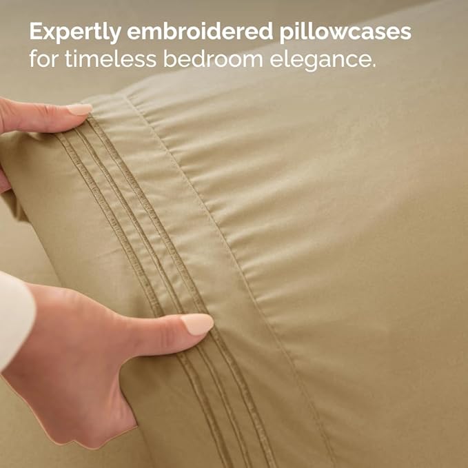 Split Head King Sheet Set – 4 Piece Flex Split Top King Sheets for Adjustable Beds - Fits 14” to 16" Mattress w/ Deep Pockets - Ultra-Soft, Breathable & Cooling - Luxury Bedding & Wrinkle Free - Beige
