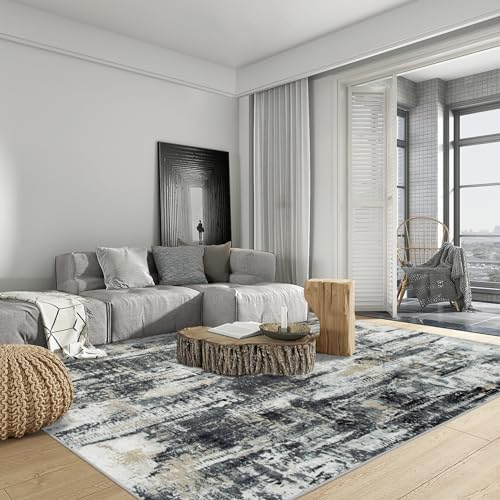4x6 Area Rugs for Living Room: Washable Abstract Black Grey Gold Carpet - Image 3