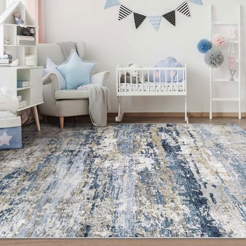 pmtsns Area Rugs 5x7 for Living Room: Washable Rug Modern Abstract Neutral Soft Non-Slip Low-Pile Indoor Carpet for Bedroom Dining Room Playroom Home Office (Blue Grey Brown, 5'x7') - Image 6