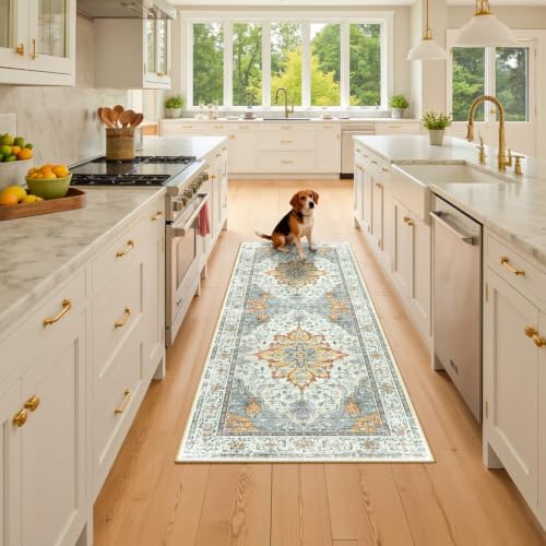 RELEANY Washable Area Rug, Runner 3'x7', Beige/Carbon Grey/Orange - Image 2