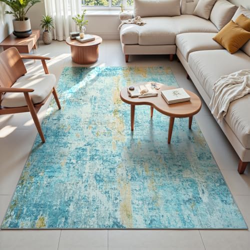 Area Rug 4x6 Teal Blue Rug Washable Boho Rugs Non Slip Low Pile Abstract Small Carpet for Entryway, Bedroom, Kitchen, Classroom, Kids Room, Office, Dorm, Dining Room - Image 3