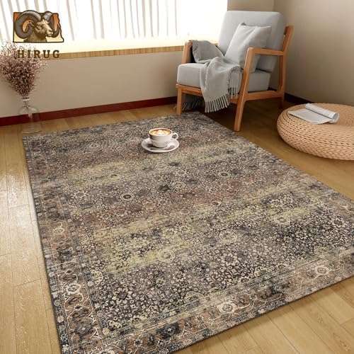 Washable Area Rug 6' x 9' Vintage Traditional Persian Mat - Foldable Distressed Non-Slip Machine Washable Carpet for Living Room Bedroom Kitchen Home Decor - Umber and Slate - Image 4