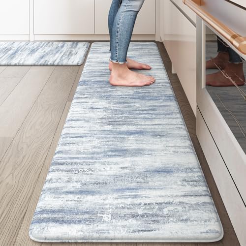 KIMODE Kitchen Mats for Floor,Abstract Kitchen Rugs Sets of 2 Blue Carpets by StayinComfortCookwithJoy