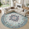 RELEANY Washable Area Rug, Round 10ft, Teal Green/White/Navy by RELEANY