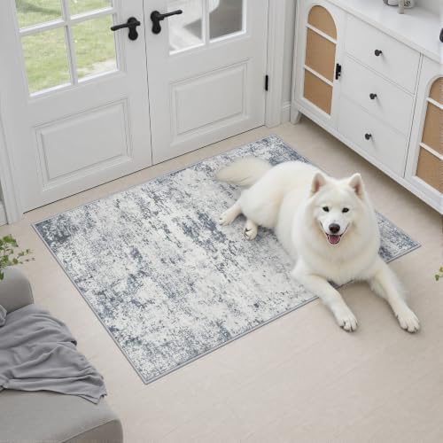 2x3 Washable Entryway Rug: Modern Abstract Soft Carpet Blue Grey - Image 3