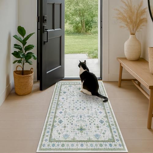 Blue and Green Washable Rugs 3x4 - Vintage Boho Floral Pastel Cream, Washable Low Pile Non Slip Small Throw Accent Area Rug for Bathroom, Door Mat Indoor Entrance, Kitchen, Bedroom Beside Bed Decor - Image 3